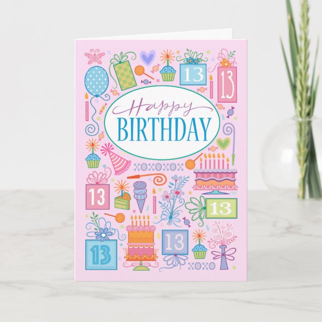 Cartão Ícones de 13 Birthday Bright Pastel na placa cor-d (Frente)
