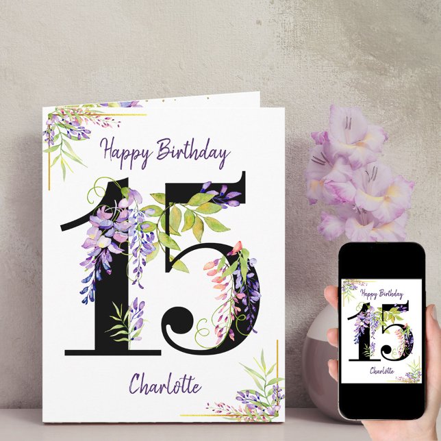 Cartão Idade Número 15 15 Floral Personalizado Aniversári (15th Birthday Card from my Purple Wisteria Quinceanera Collection)