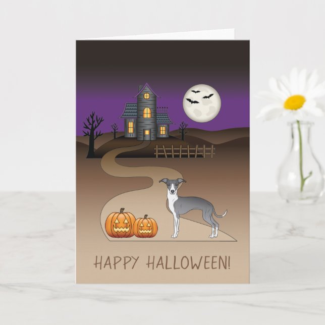 Cartão Iggy Azul e Branco e Casa Assombrada de Halloween (Planta pequena)