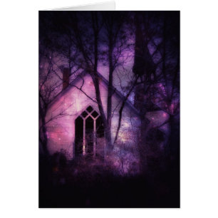 Cartão Igreja Abandonada Céu Noturno Roxo Arte Digital