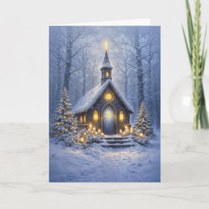 Cartão Igreja de Campo de Natal nos Bosques com Luzes