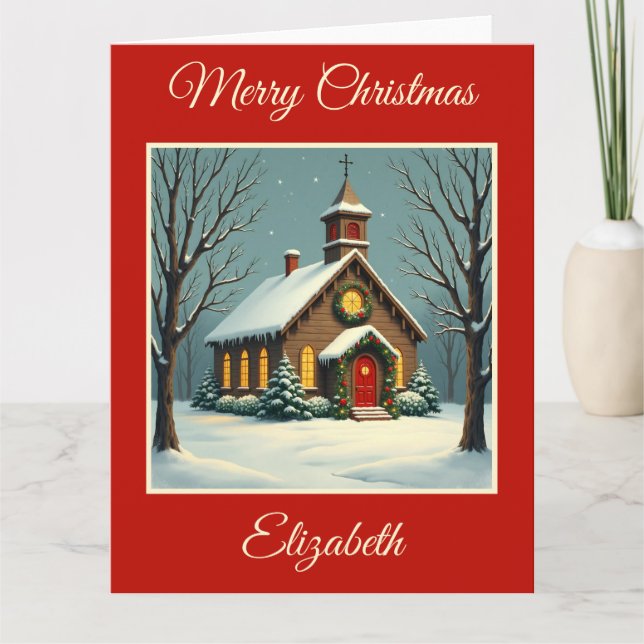 Cartão Igreja Vintage Country no Natal (Frente)