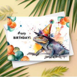 Cartão Iguana com Balões e Feliz Aniversário do Partido