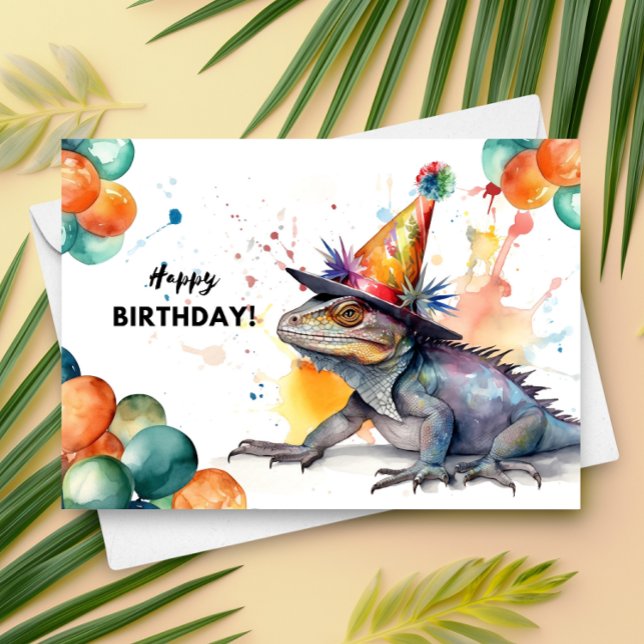 Cartão Iguana com Balões e Feliz Aniversário do Partido (Criador carregado)