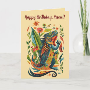 Cartão Iguana de Aniversário de Arte Popular Editável