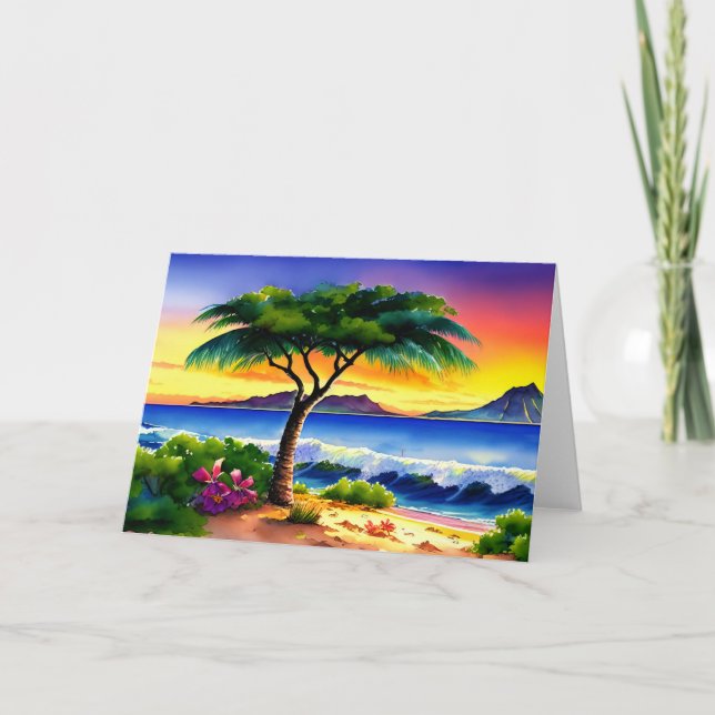 Cartão Ilhas Havaianas — Sunset Watercolor (Frente)