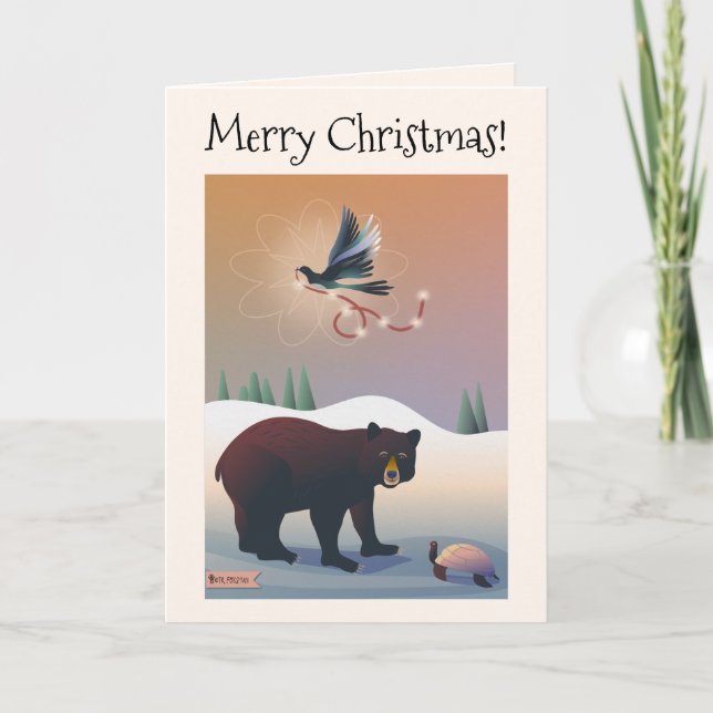 Cartão Illustrated bear, magpie, turtle holiday snow (Frente)