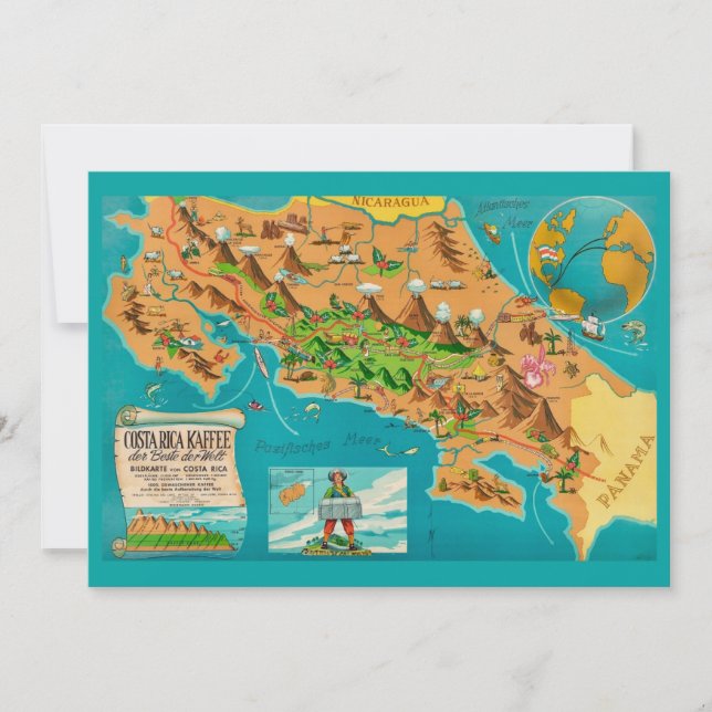 Cartão Illustrated COSTA RICA Map 5x7 Card (Frente)