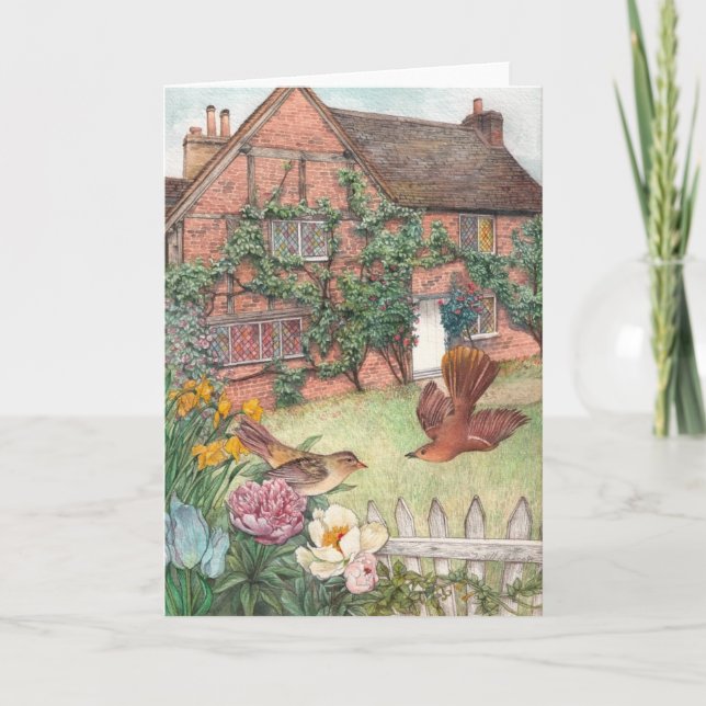Cartão Illustrated cottage garden with birds (Frente)