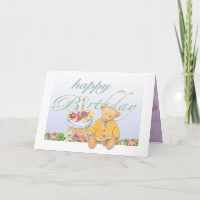Cartão Illustrated Teddybear Cupcake Birthday (Frente)
