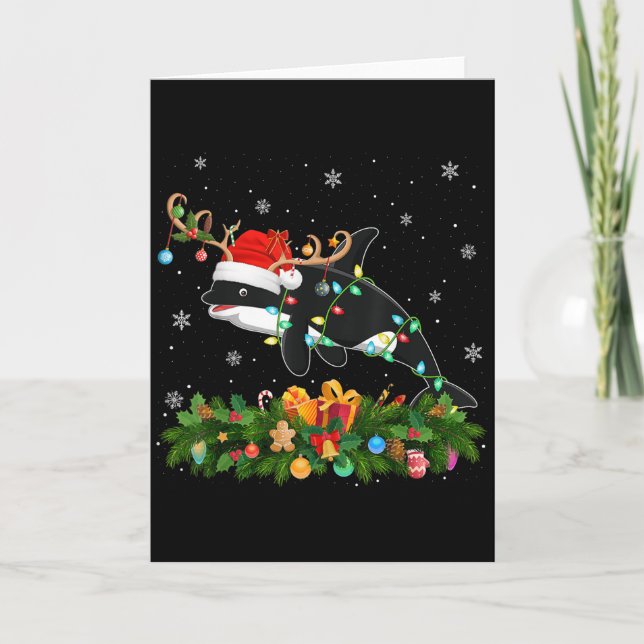 Cartão Iluminação de Natal da Orca Rena com Chapéu de Pap (Frente)