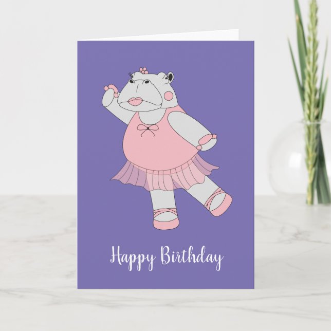 Cartão ilusima Ballerina Hippo Purple Birday (Frente)