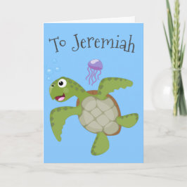 Cartão Ilustração animada feliz da tartaruga verde-branca