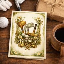 Ilustração Antiga de Golfe Dourada de Aniversário