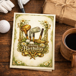 Cartão Ilustração Antiga de Golfe Dourada de Aniversário
