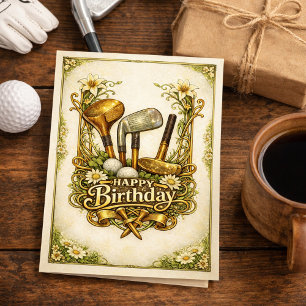Cartão Ilustração Antiga de Golfe Dourada de Aniversário