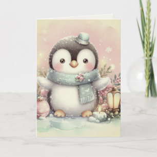 Cartão Ilustração Antiga de Pinguim de Natal Vintage Nost