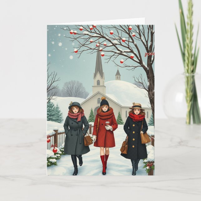 Cartão Ilustração Antiga Pessoas saindo da Igreja (Frente)