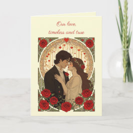 Cartão Ilustração Art Nouveau de Romance e Rosas Vermelha