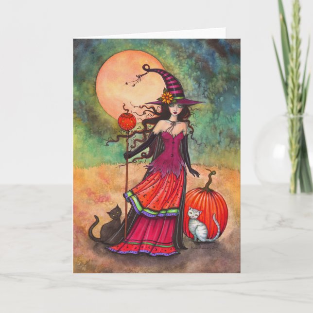 Cartão Ilustração da Bruxa e Gatos do Halloween da Lua de (Frente)