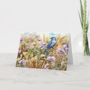 Cartão Ilustração da Natureza com Pássaros e Flores Silve