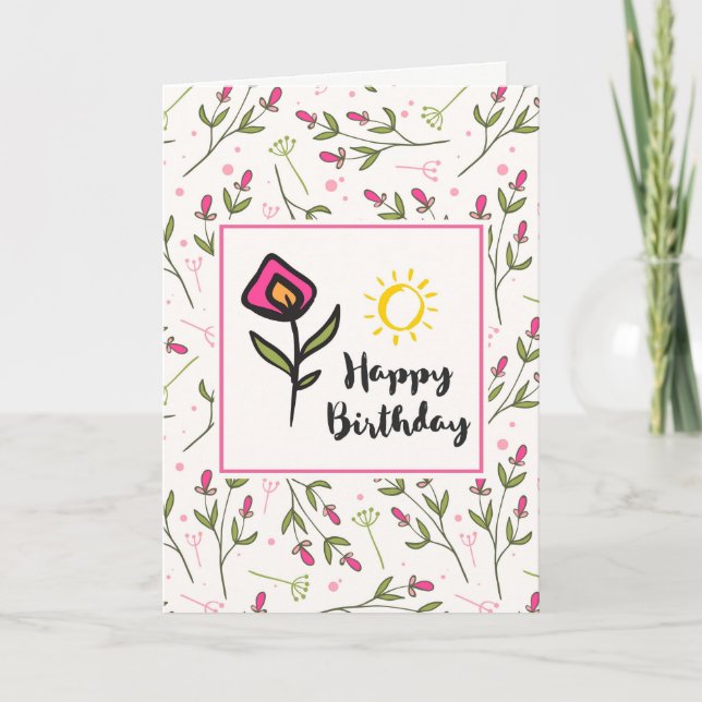 Cartão Ilustração de Aniversário com Flores Silvestres e  (Frente)