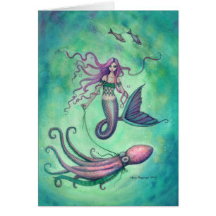 Cartão Ilustração de Arte Fantasia de Sereia com Polvo