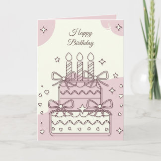 Cartão Ilustração de Bolo de Aniversário Kawaii com Coraç
