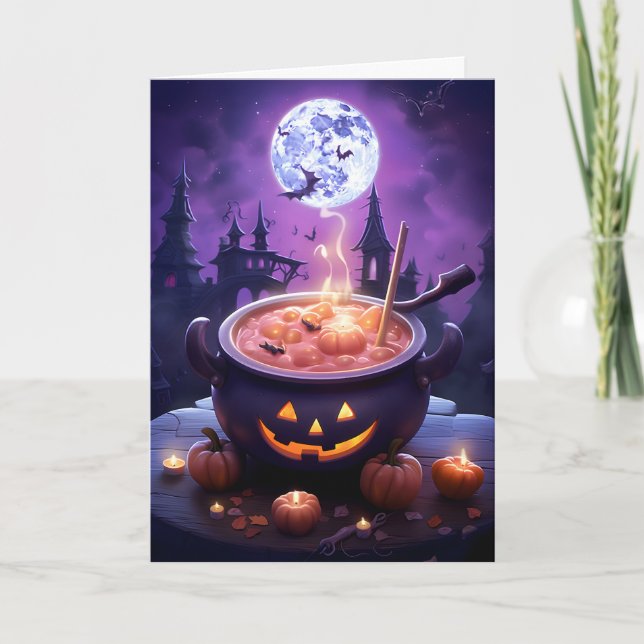 Cartão Ilustração de Caldeirão da Lua Cheia de Halloween (Frente)