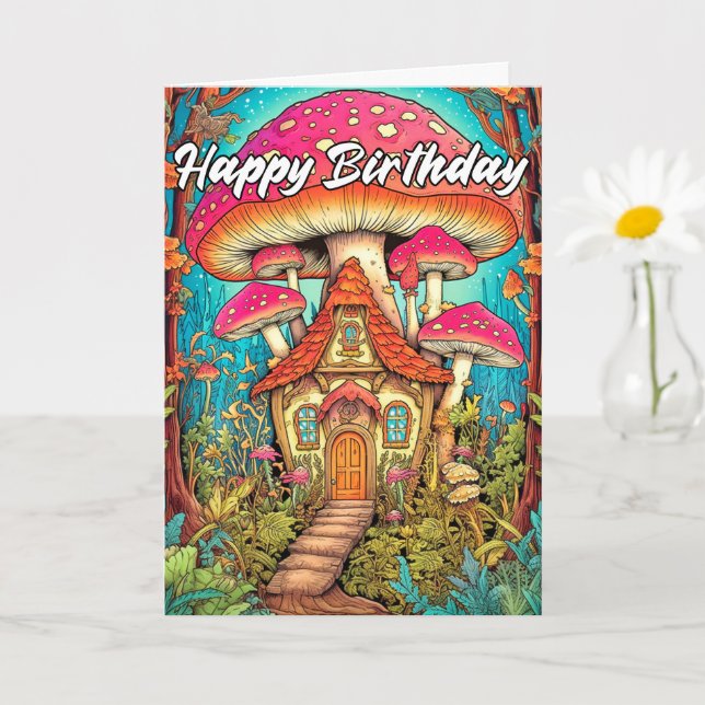 Cartão Ilustração de Casa de Cogumelo Fofa (Planta pequena)