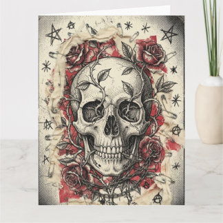 Cartão Ilustração de Caveira e Rosas do Grunge Punk