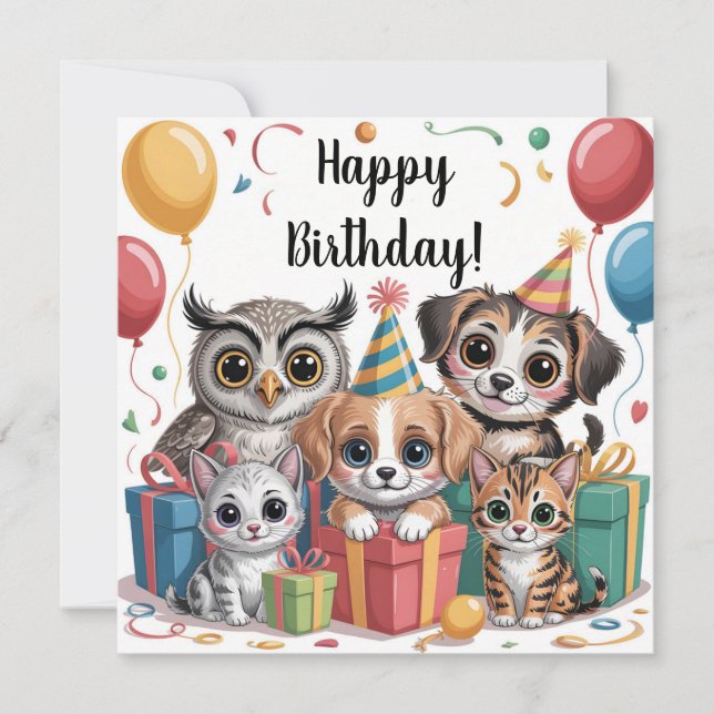 Cartão Ilustração de Festa Animal com Cachorros e Gatinho (Frente)