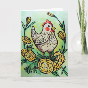 Cartão Ilustração de Flor e Frango Galinhas
