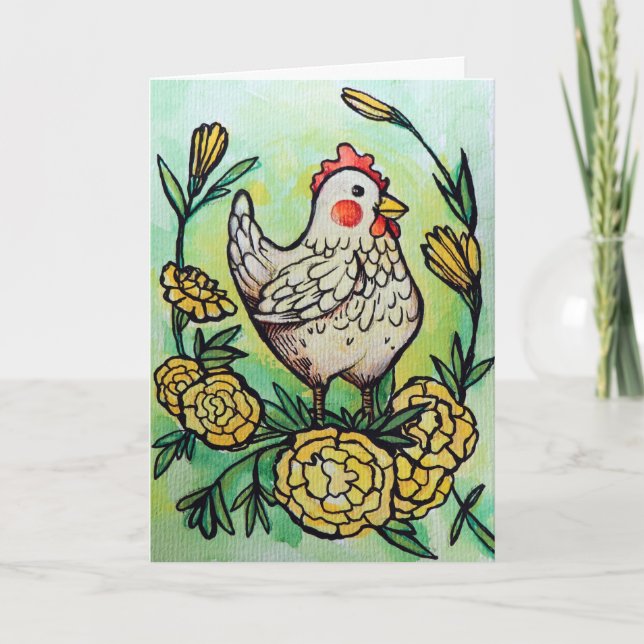 Cartão Ilustração de Flor e Frango Galinhas           (Frente)