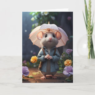 Cartão Ilustração de Flores Roxas de Rato Adorável em Bra