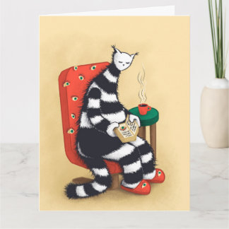 Cartão Ilustração de Gato Lendo Livro Aconchegante Estéti