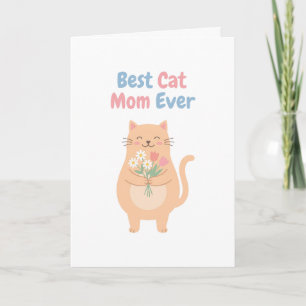 Cartão Ilustração de Gato Pêssego Fofo Segurando Flores