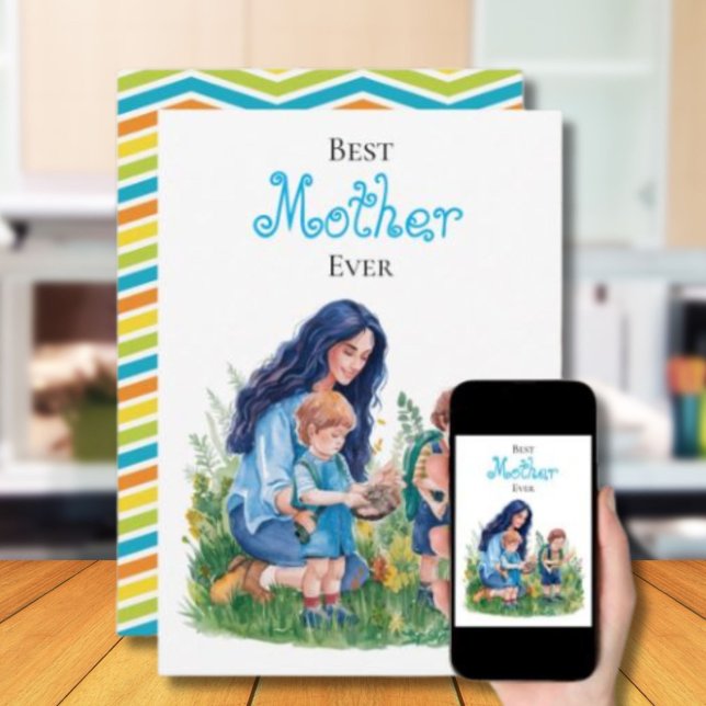 Cartão Ilustração de Jardinagem de Cores d'Água Mãe e Fil (Criador carregado)