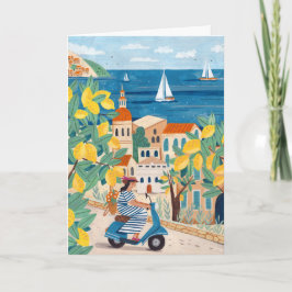 Cartão Ilustração de Mulher Mediterrânea em Scooter Viage