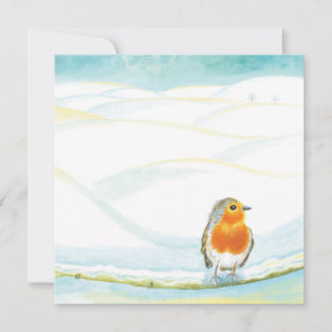 Cartão Ilustração de Paisagem de Inverno Branco com Robin
