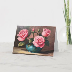 Cartão Ilustração de rosas cor-de-rosa em vaso azul ainda