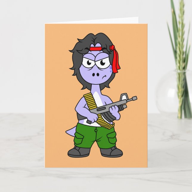 Cartão Ilustração De Um Brontossauro Vestido Como Rambo. (Frente)