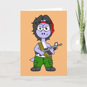 Cartão Ilustração De Um Brontossauro Vestido Como Rambo.