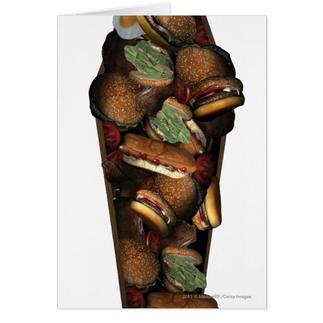 Cartão Ilustração de um caixão enchido com o fast food (Frente)