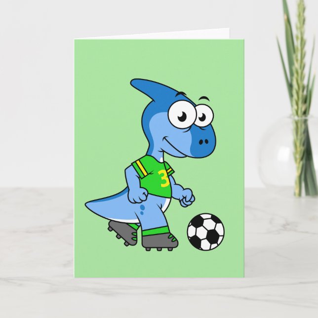 Cartão Ilustração De Um Parasaurolofo Jogando Futebol. (Frente)
