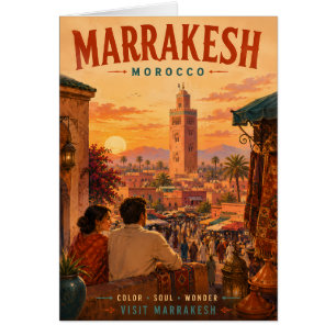 Cartão Ilustração de Viagem Vintage Marrakesh Marrocos co