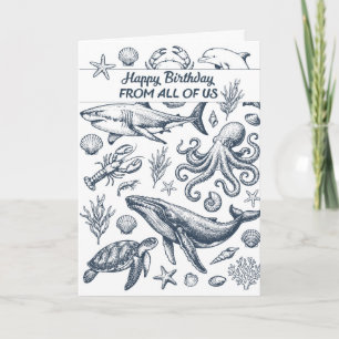 Cartão Ilustração de Vida Oceânica de Aniversário de Todo