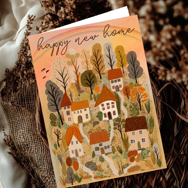 Cartão Ilustração de Vila Country Outono NOVA CASA FELIZ (HAPPY NEW HOME Congratulation on Moving to a New House Autumn Country Village Illustration Card
)