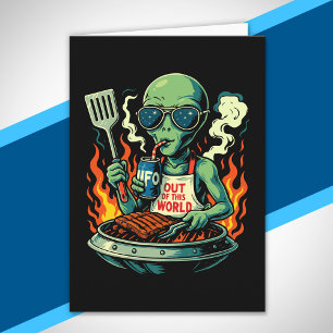 Cartão Ilustração Divertida de Churrasco Alien Retro Ficç