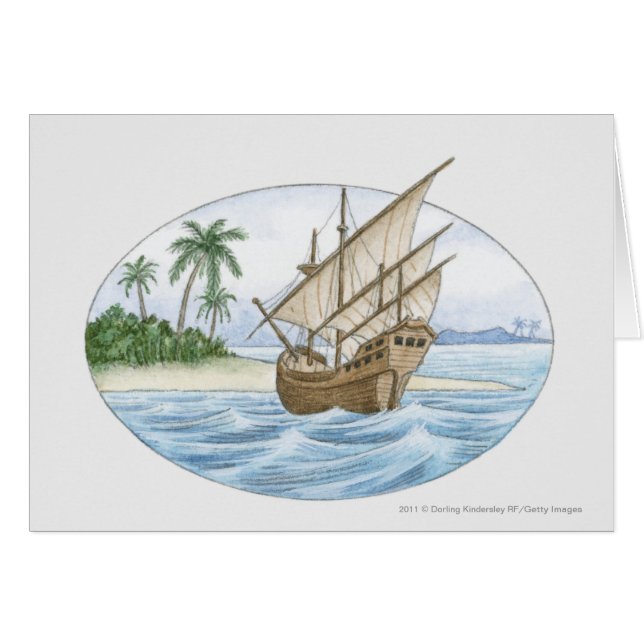 Cartão Ilustração do navio do século XVI perto da ilha (Frente Horizontal)